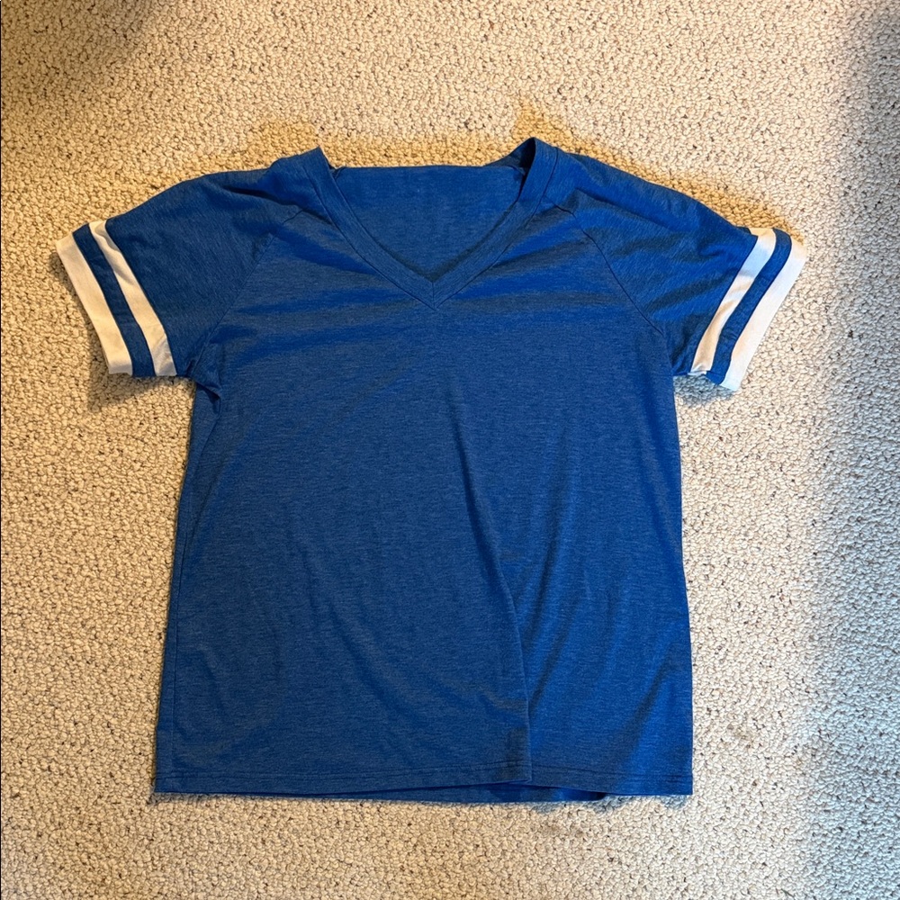Blue V-Neck T-Shirt with White Stripes